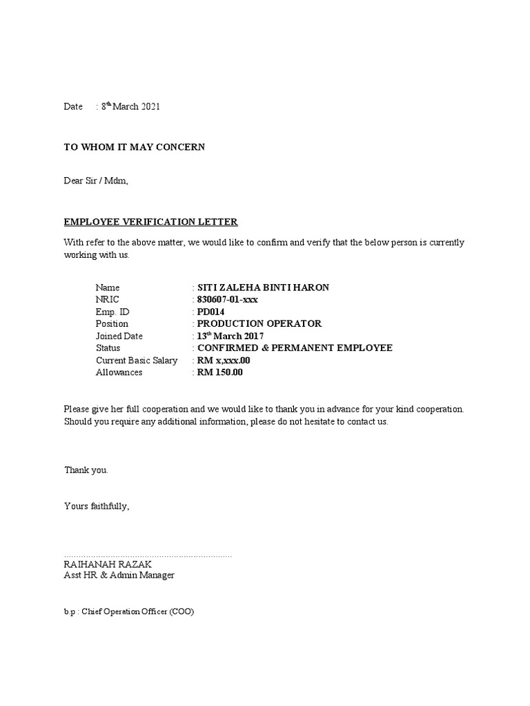 Employee verification letter pdf