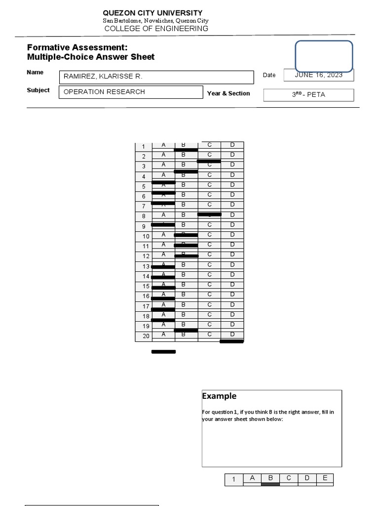 Answer Sheet Formative Assessment 1 | PDF