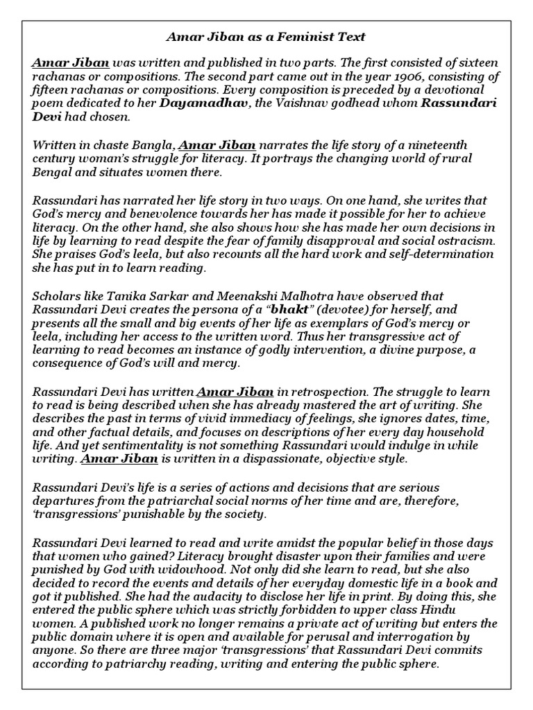 Amar Jiban As A Feminist Text | PDF | Patriarchy | Marriage