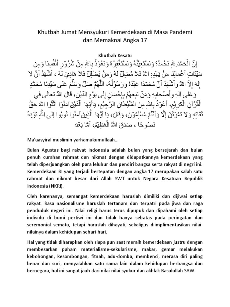 Khutbah Jumat Mensyukuri Kemerdekaan Di Masa Pandemi Dan Memaknai Angka