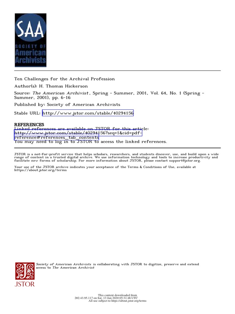 Ten Challenges For The Archival Profession Pdf Archivist Archive