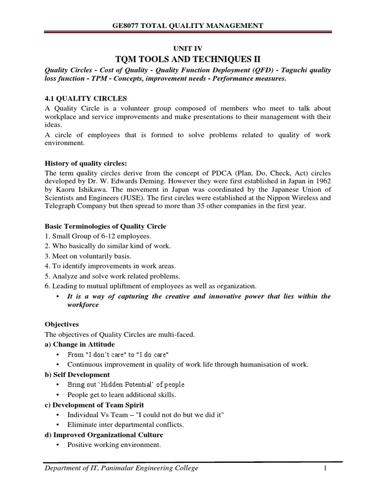 Ge8077 TQM Unit IV Notes | PDF | Quality Assurance | Quality Management