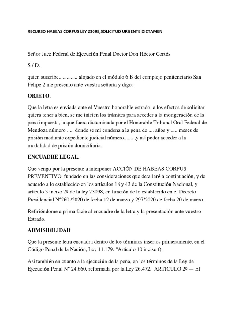 Solicitud de Habeas Corpus y Prisión Domiciliaria | PDF | Pena capital ...