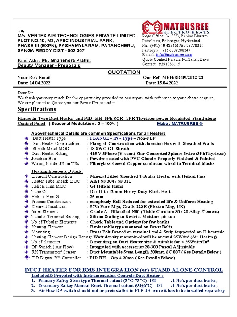 Duct Heaters and PID RH 3Ph Thyristor Control Panel 09140422 | PDF