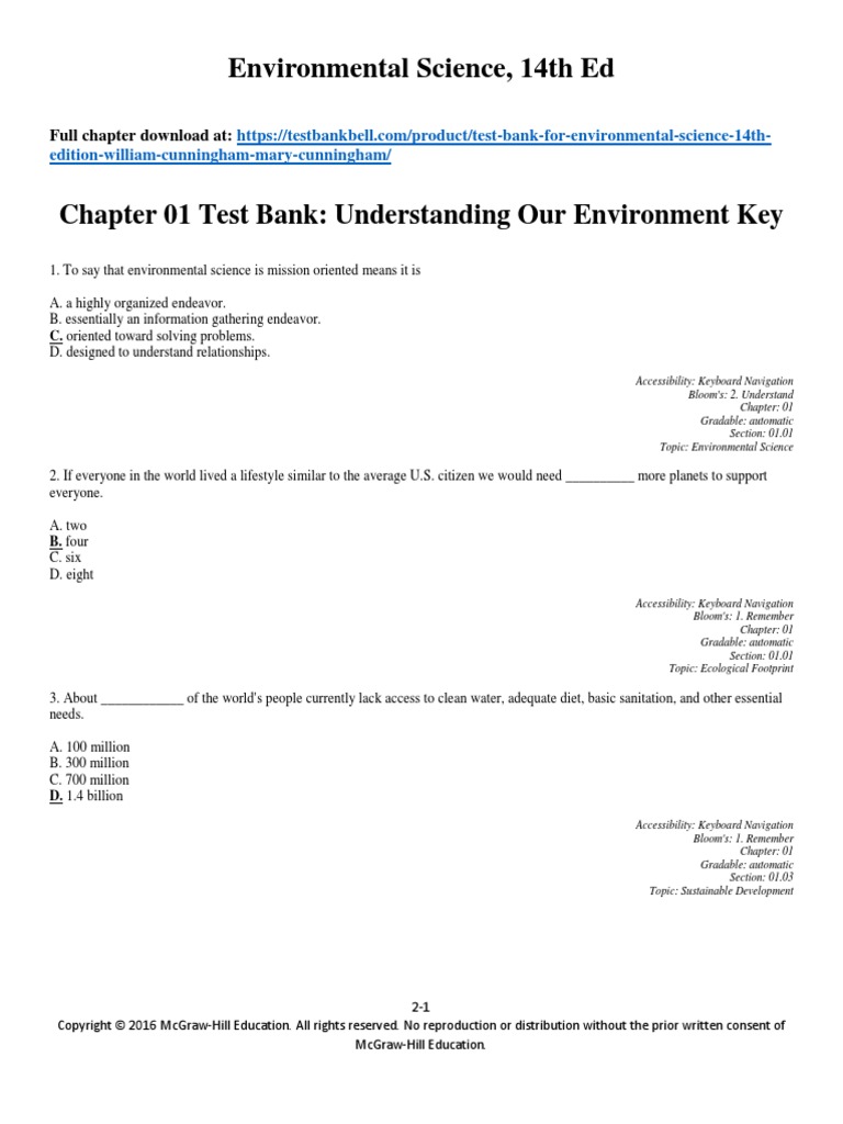 Test Bank For Environmental Science 14th Edition William Cunningham