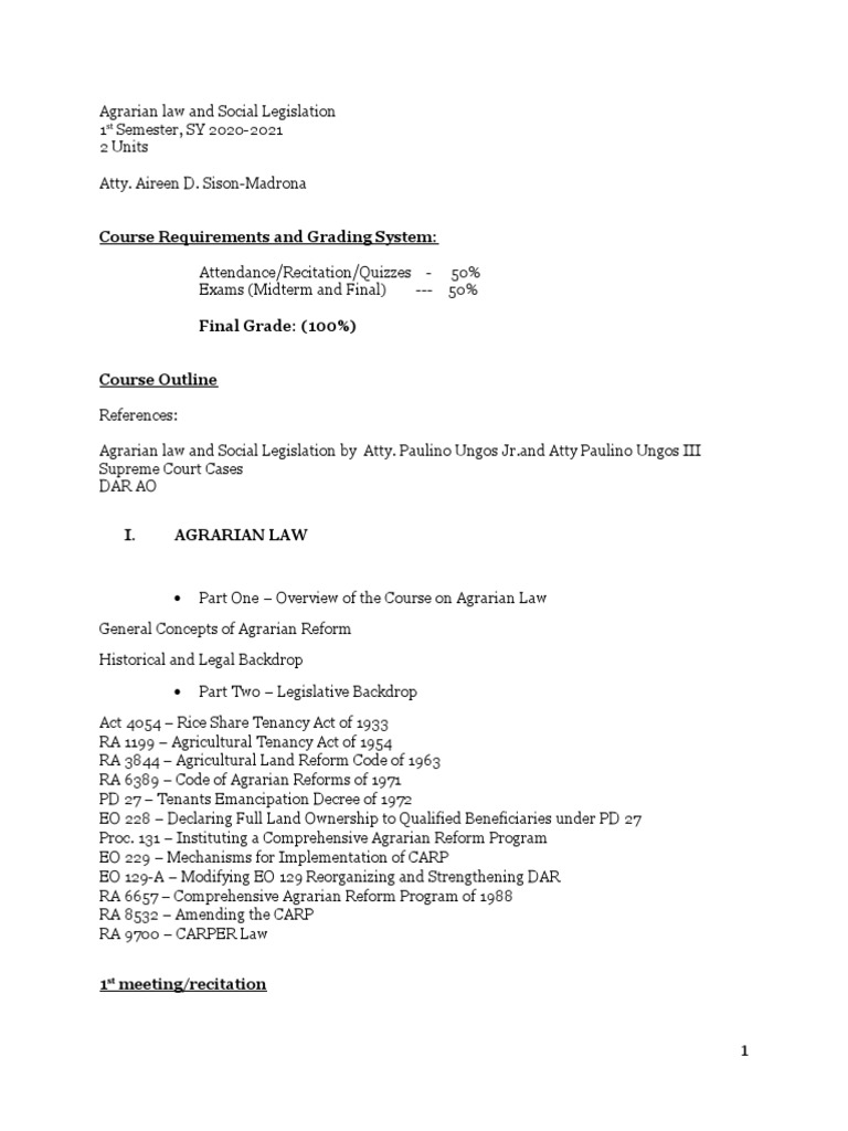 Agrarian Law Syllabus PDF Government Land Law