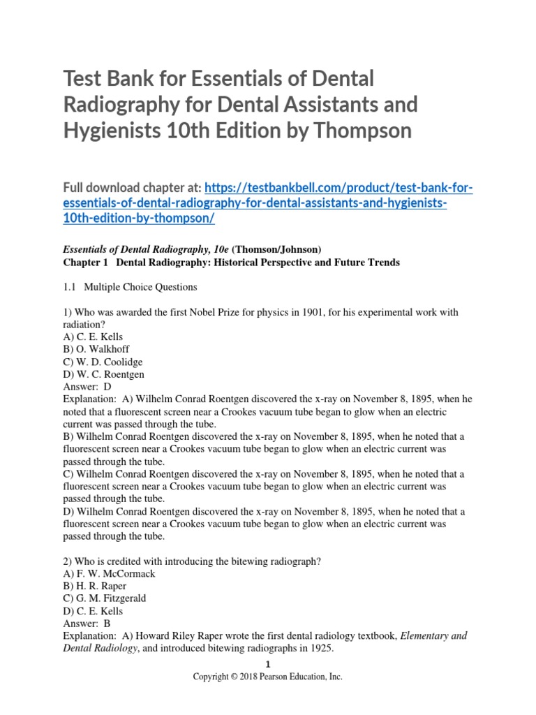 Test Bank For Essentials of Dental Radiography For Dental Assistants