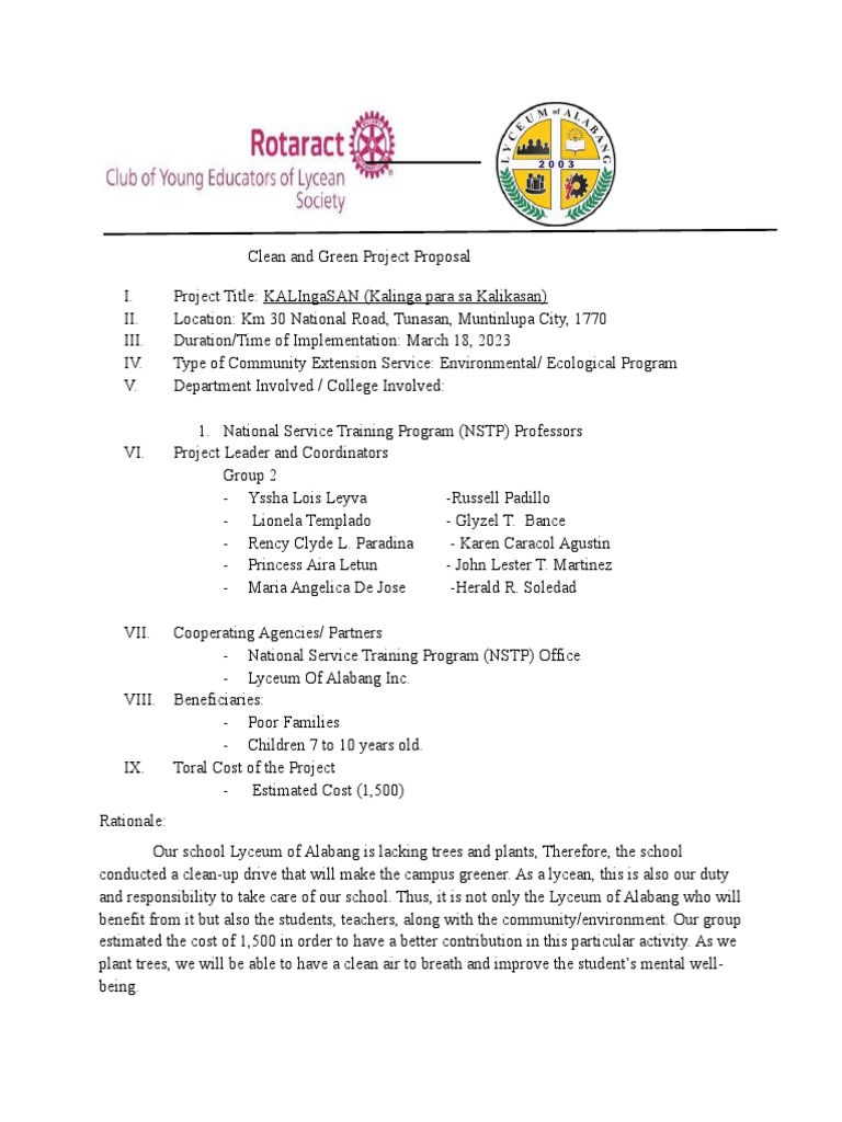 Clean And Green Project Proposal Tagalog Sample