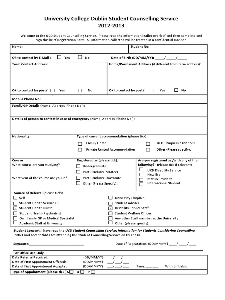 UCD Student Counselling Registration Form | PDF | General Practitioner ...