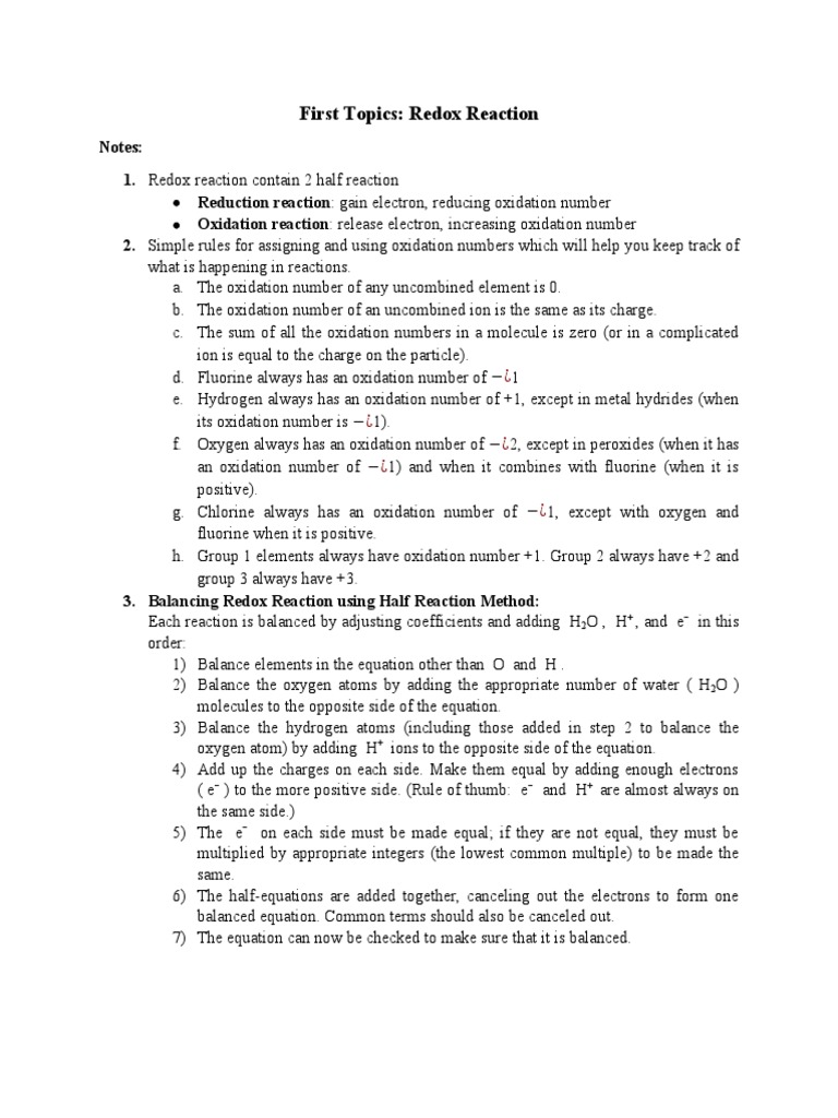 Redox Reaction Balancing Guide | PDF | Redox | Chemical Reactions
