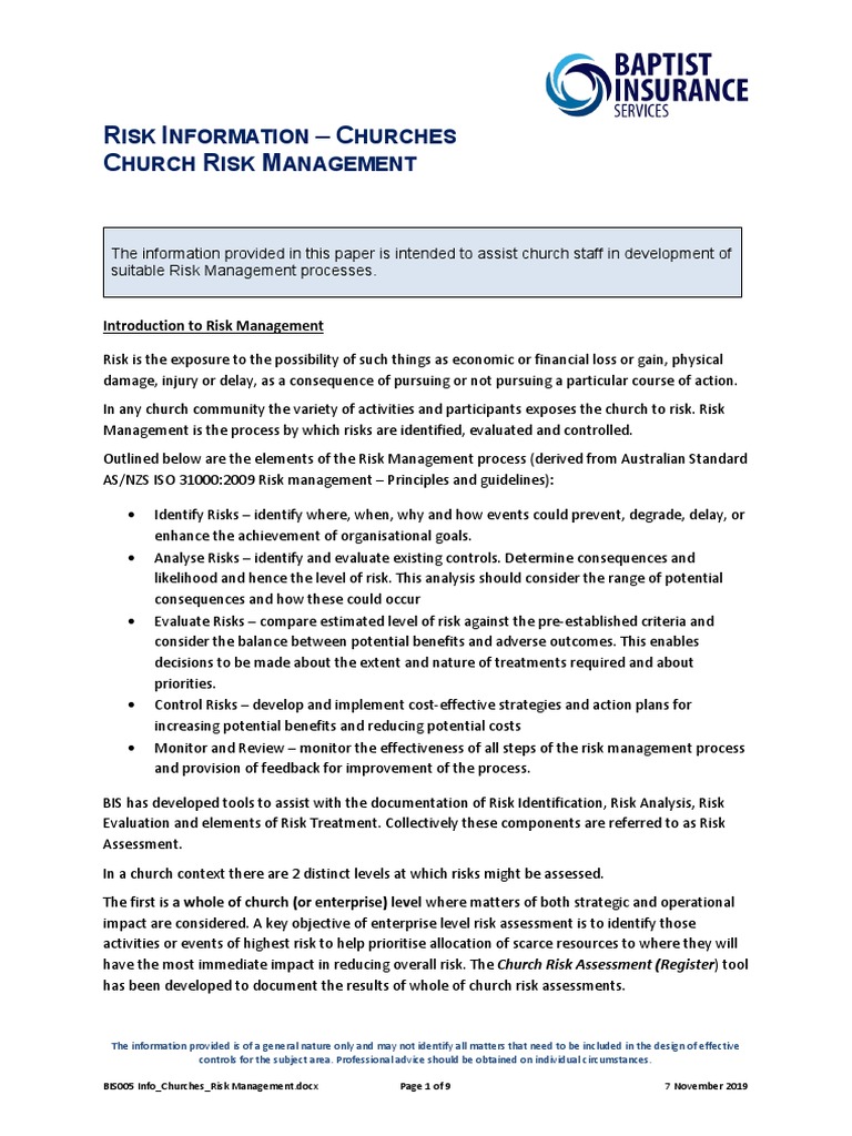 BIS005Info Churches RiskManagement 0 PDF Risk Risk Management
