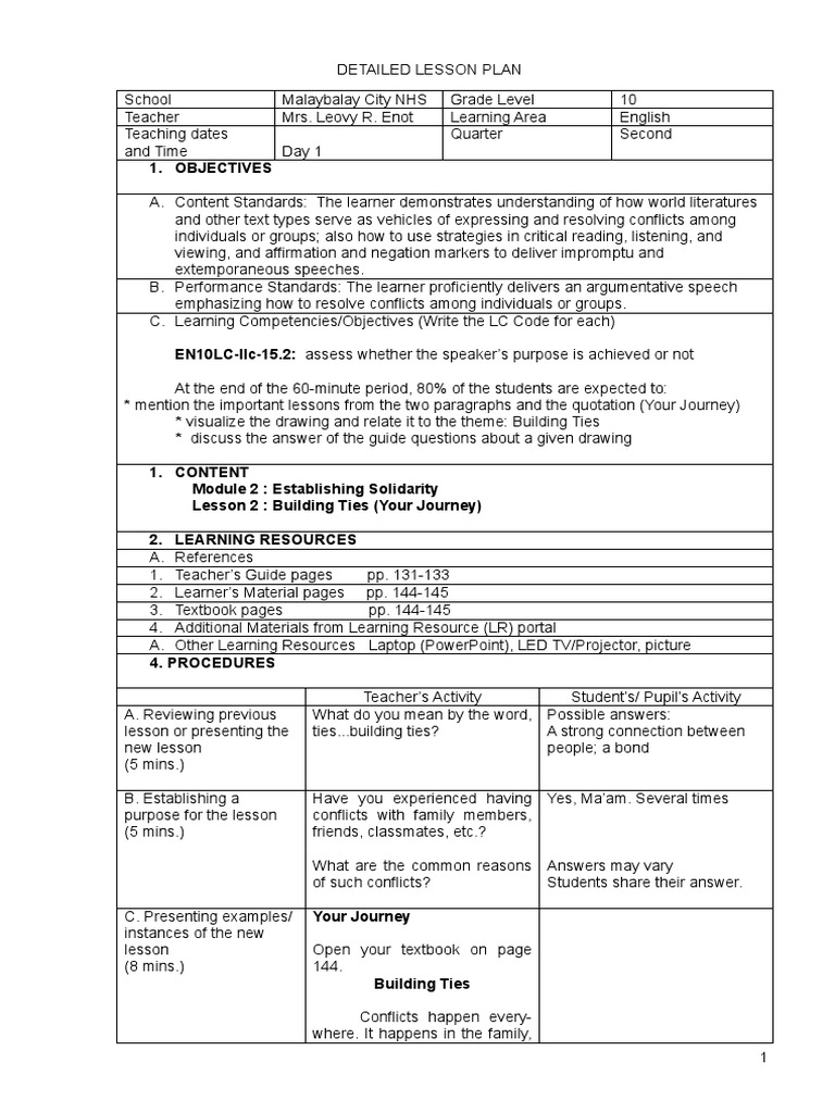 Grade 10 English Lesson Plan: Building Ties | PDF | Learning | Lesson Plan