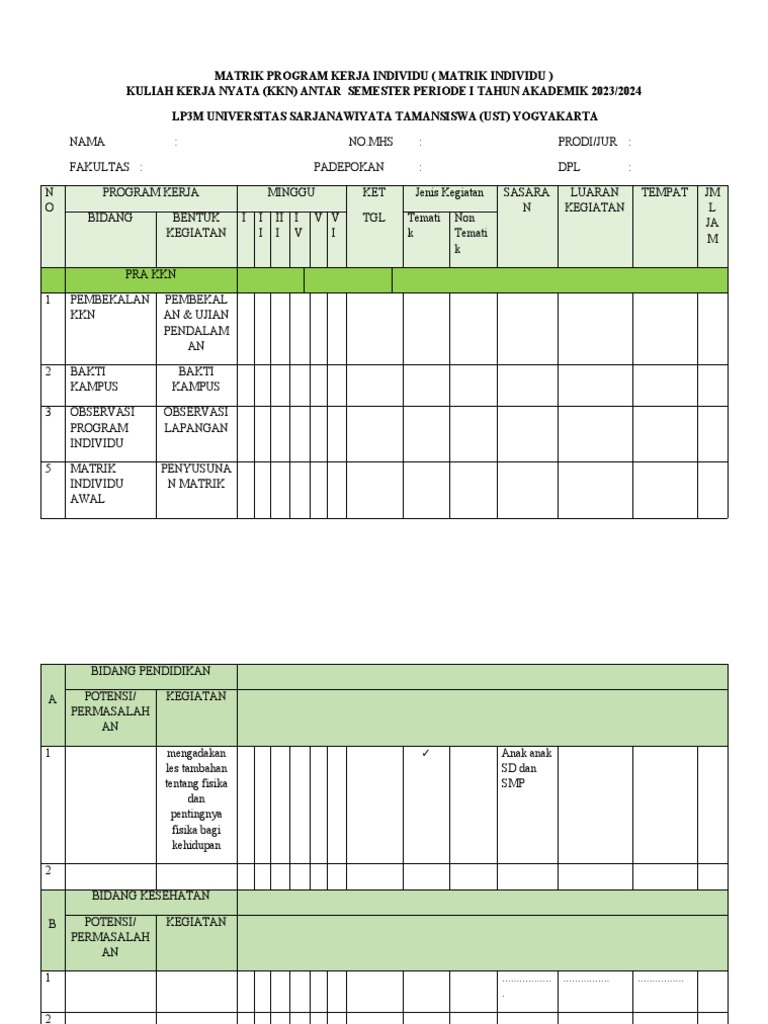 Matriks Kegiatan KKN 2023/2024 | PDF