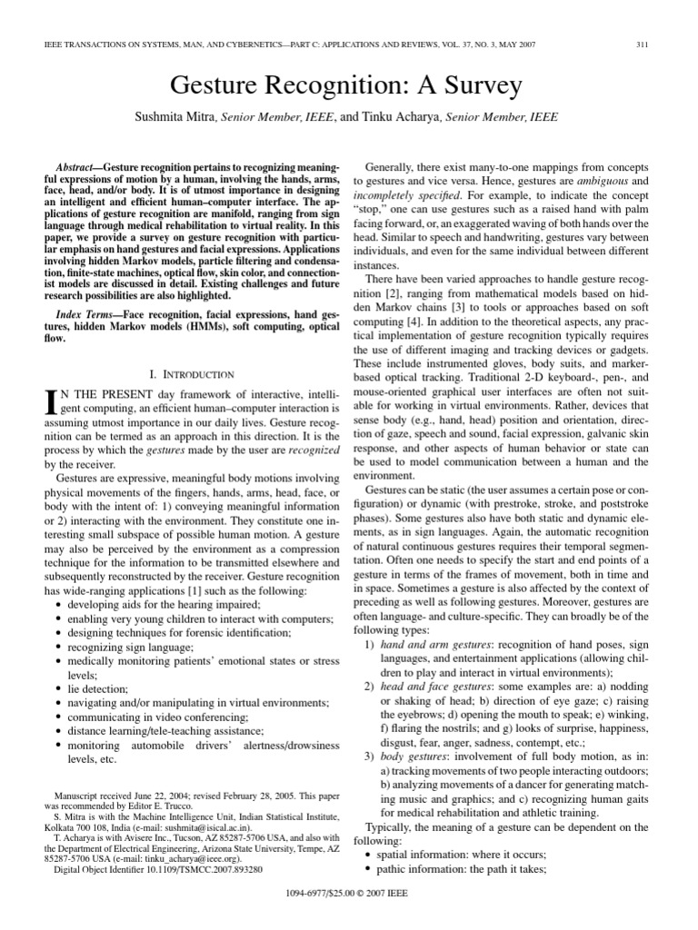 Gesture Recognition A Survey | PDF | Computer Vision | Cybernetics