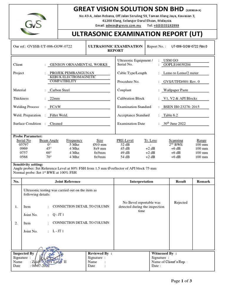 Ultrasonic Examination Report Summary | PDF | Welding | Construction