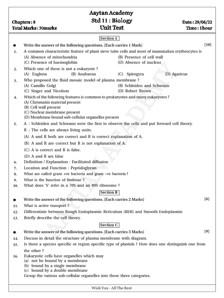 Biology Test Paper PDF Cell (Biology) Cell Membrane