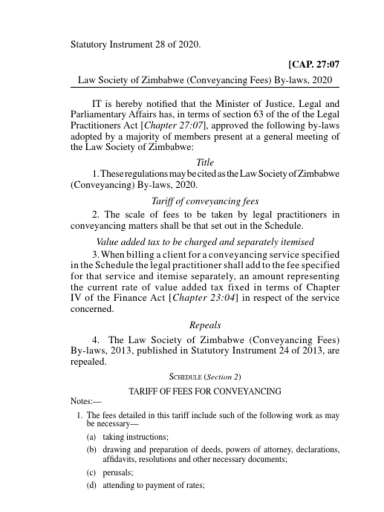 SI 2020028 Law Society of Zimbabwe (Conveyancing Fees) ByLaws, 2020