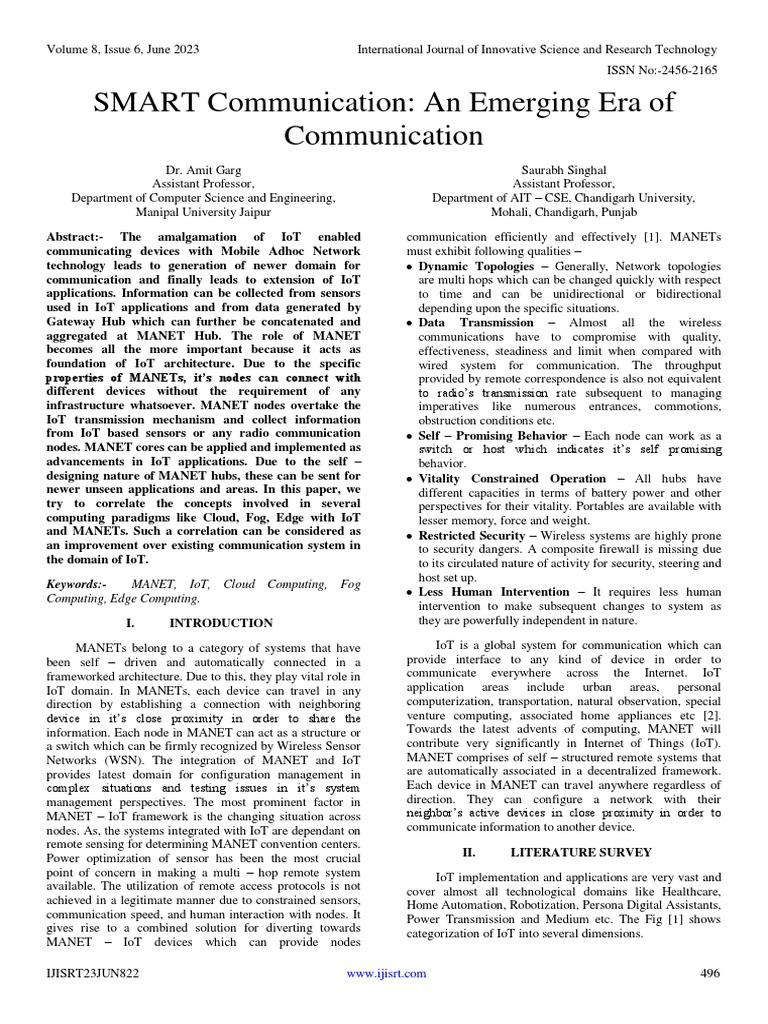 Smart Communication in IoT and MANET | PDF | Internet Of Things ...