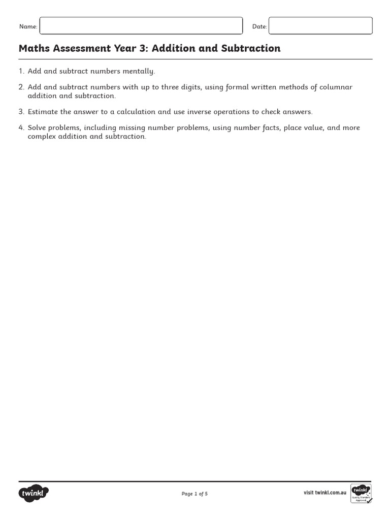 Year 3 Maths Assessment Addition and subtraction | PDF