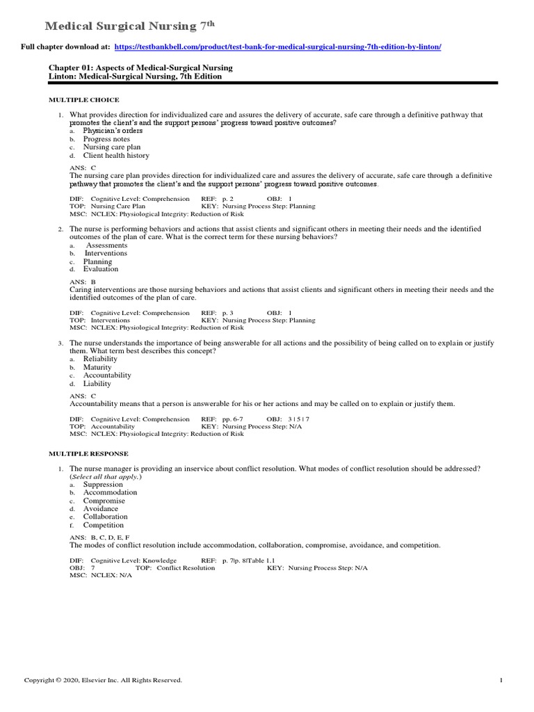 Test Bank For Medical Surgical Nursing 7th Edition by Linton PDF
