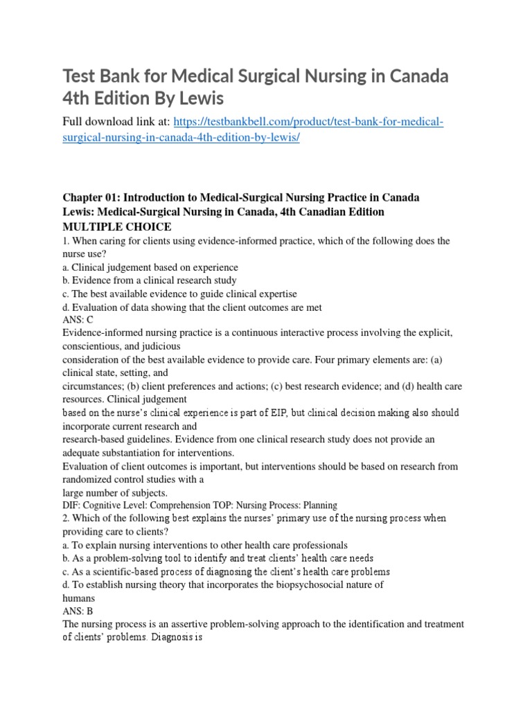 Test Bank For Medical Surgical Nursing in Canada 4th Edition by Lewis