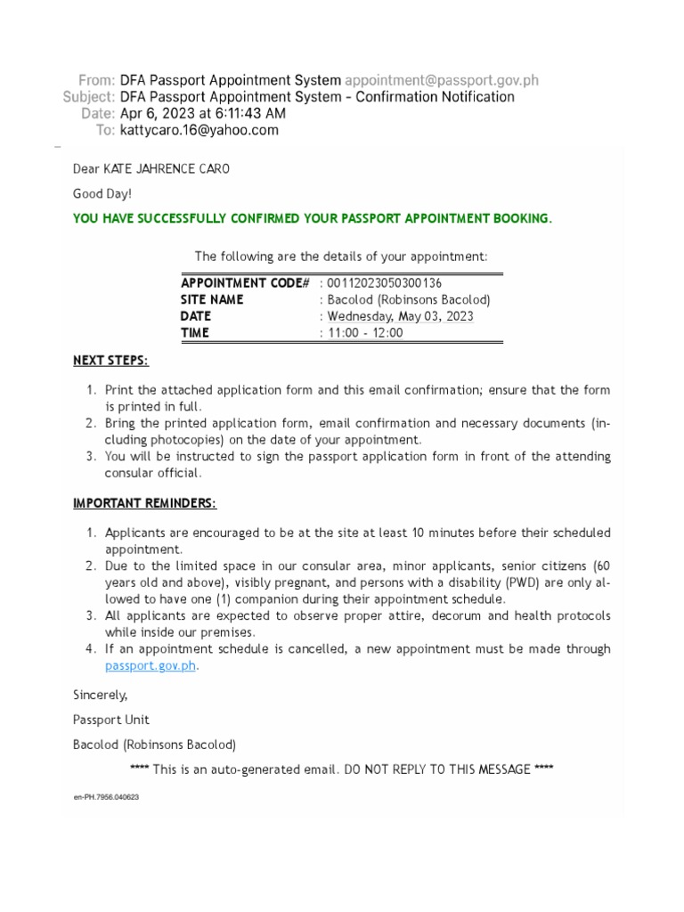 DFA Passport Appointment System - Confirmation Notification | PDF