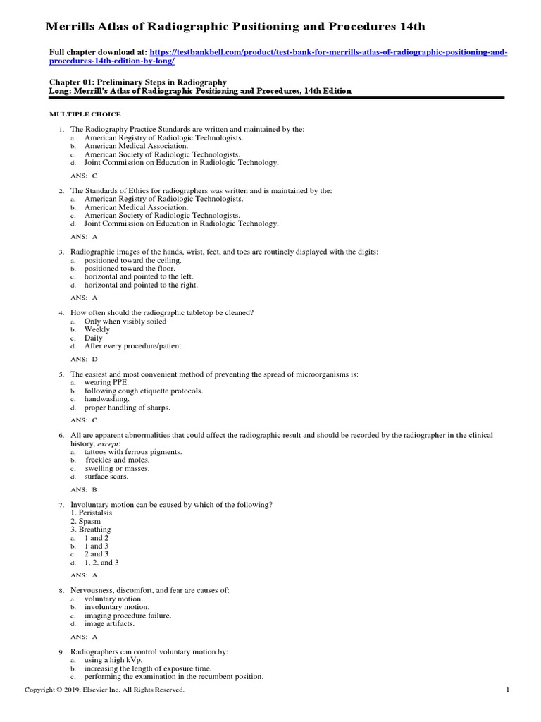 Test Bank For Merrills Atlas of Radiographic Positioning and Procedures