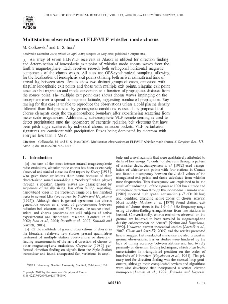Multi Station Observations of ELF & VLF Whistler Mode Chorus | PDF ...