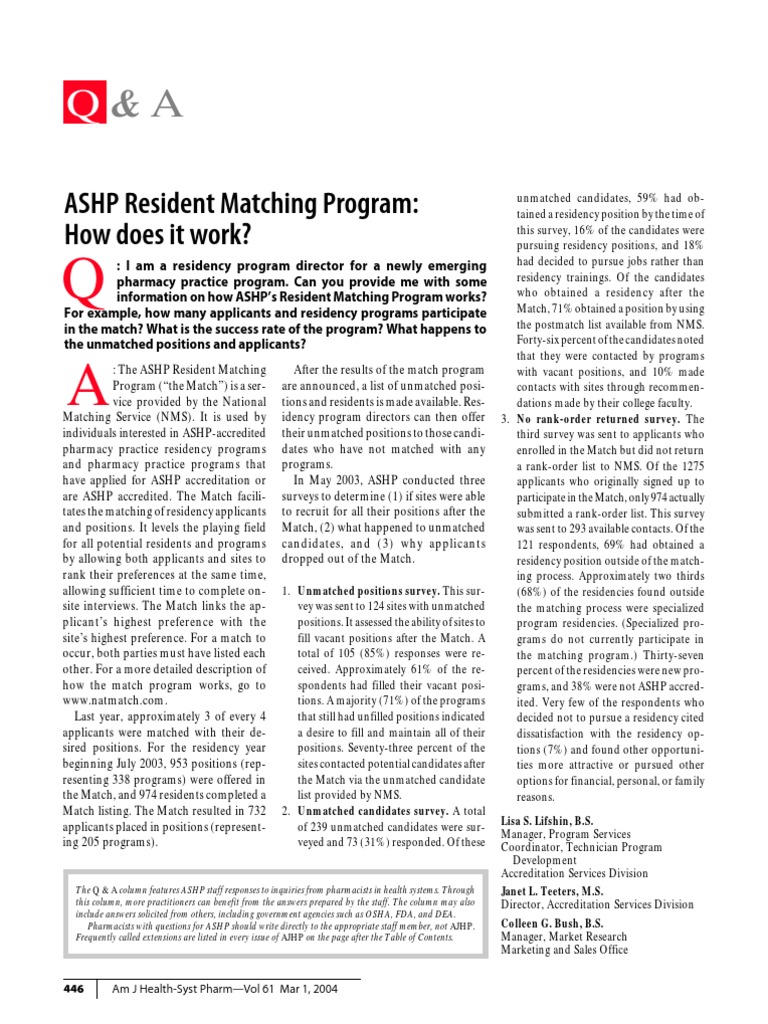 ASHP Resident Matching Program How Does It Work PDF Residency
