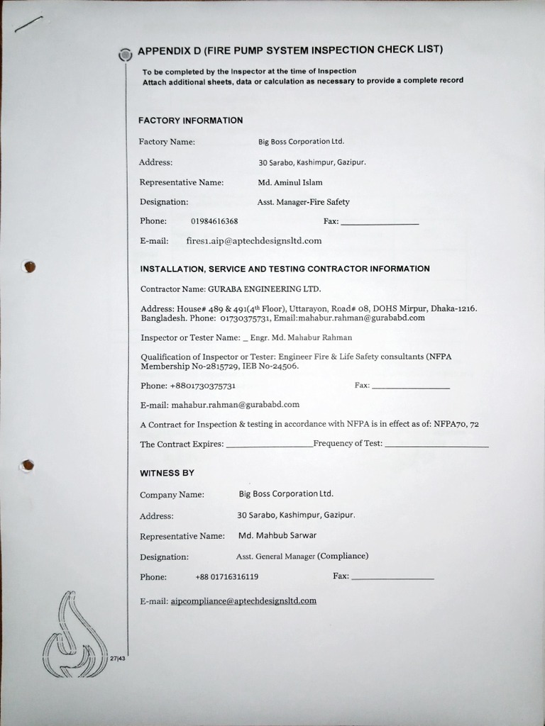 Fire pump inspection testing record | PDF