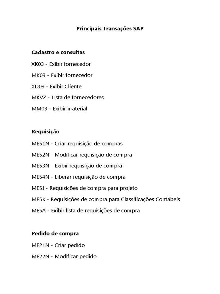 Principais Transações SAP MM | PDF | Indústrias de serviços | Business