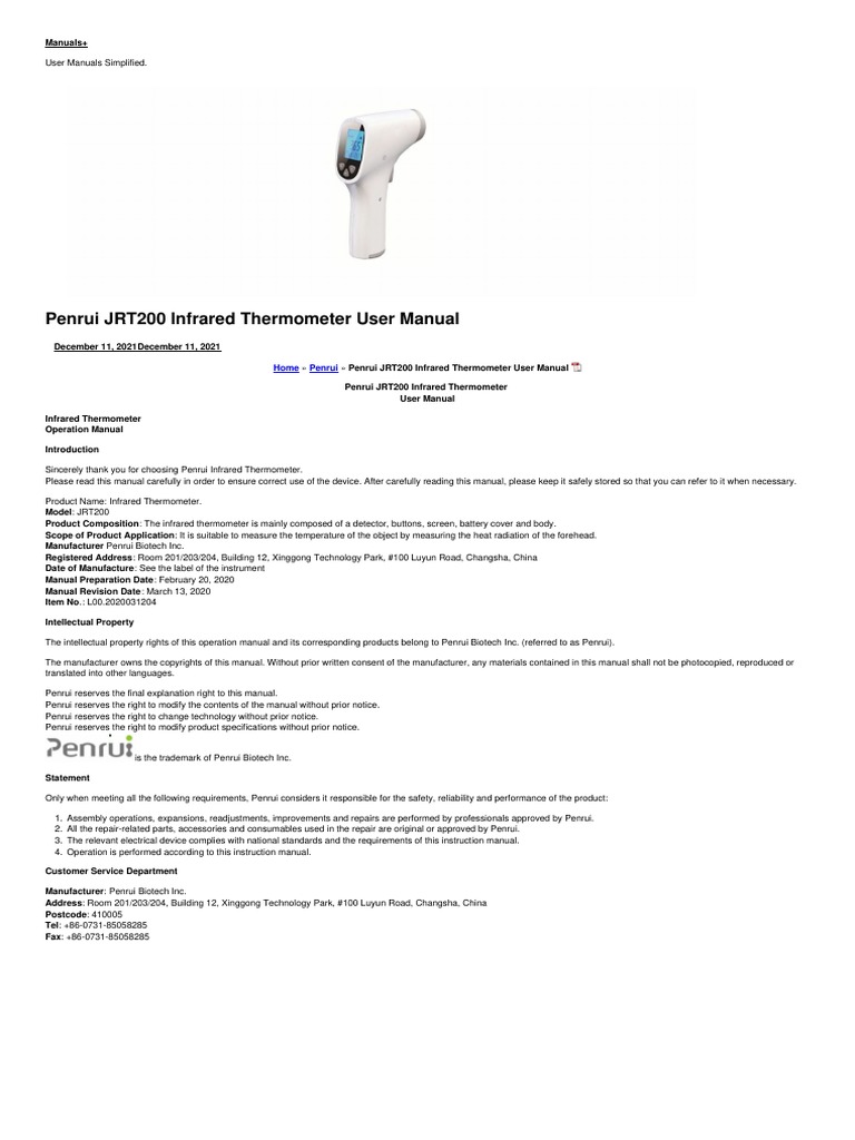 Penrui JRT200 Infrared Thermometer User Manual PDF Electrostatic