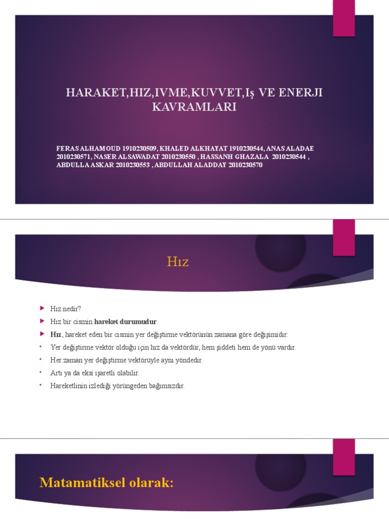 Hız, Iş, Ivme, Haraket, Enerji-Kuvvet Kavramları. | PDF