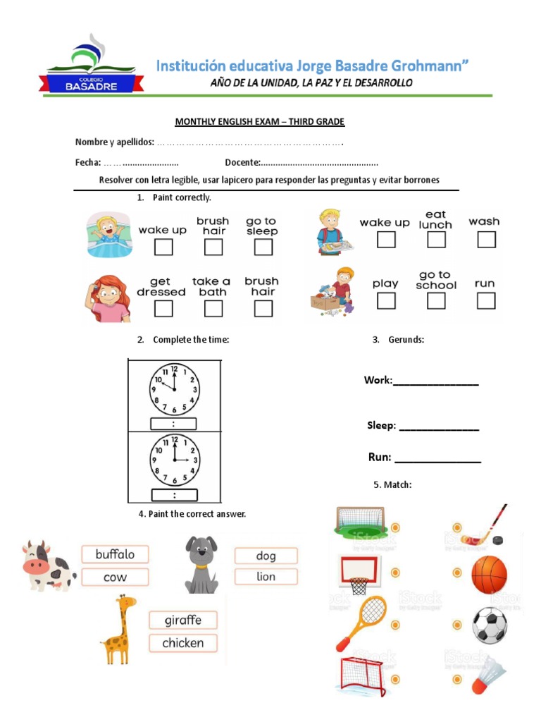 Examen de Ingles - Tercero de Primaria | PDF
