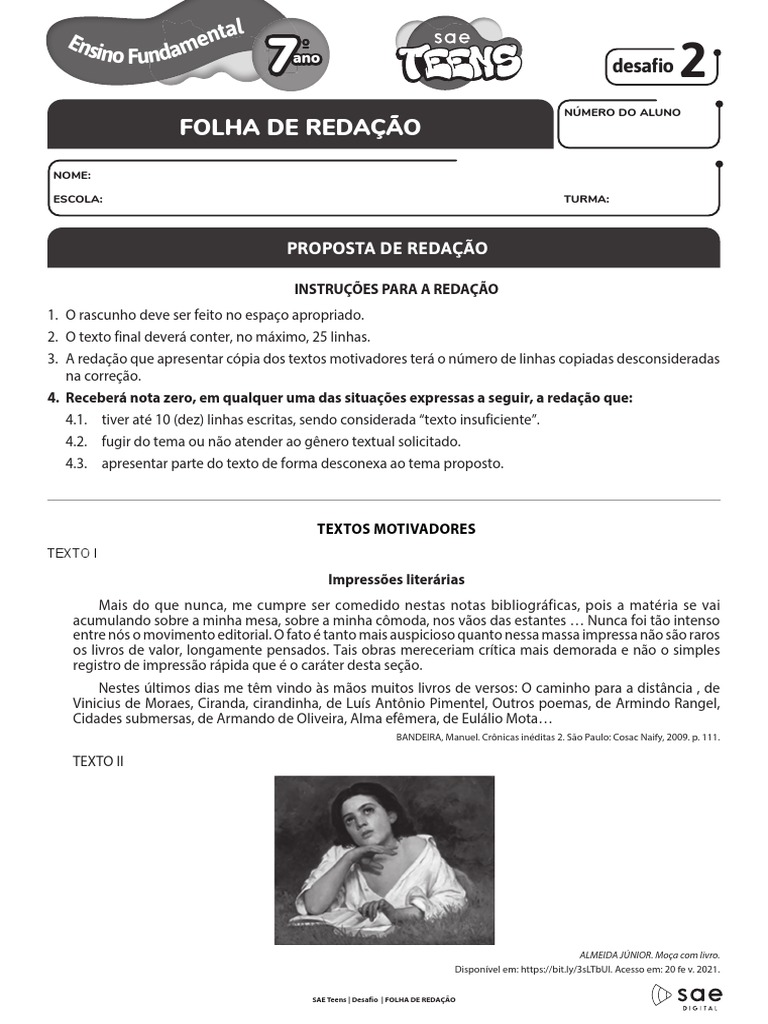 Sae Desafio Teens 02 Proposta de Redacao 7o Ano 2023 Red | PDF | Contos ...