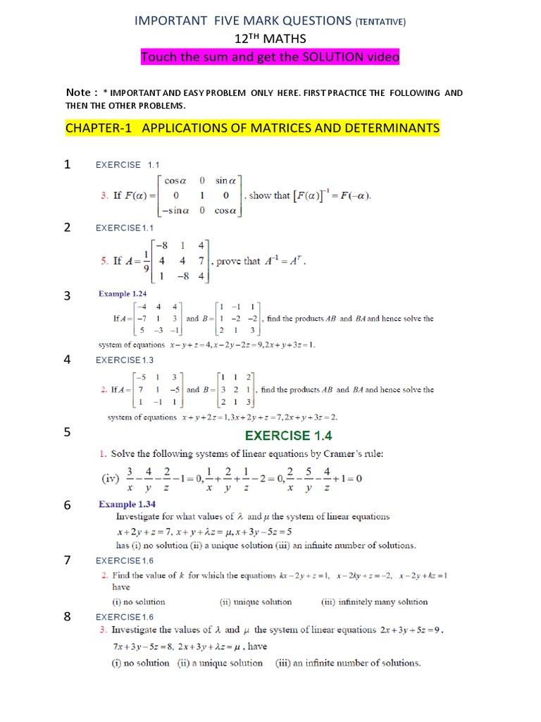 12th Maths Important 5 Mark Questions | PDF | Sphere | Mathematics