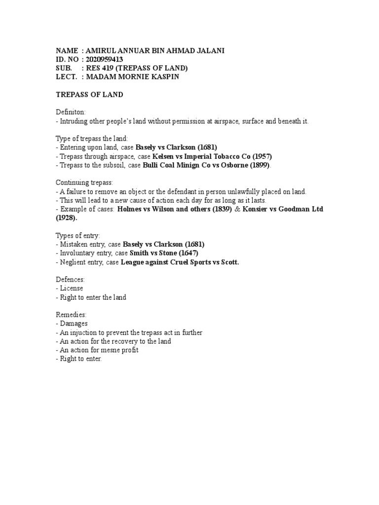 Res 419 (Trepass of Land Summary) PDF