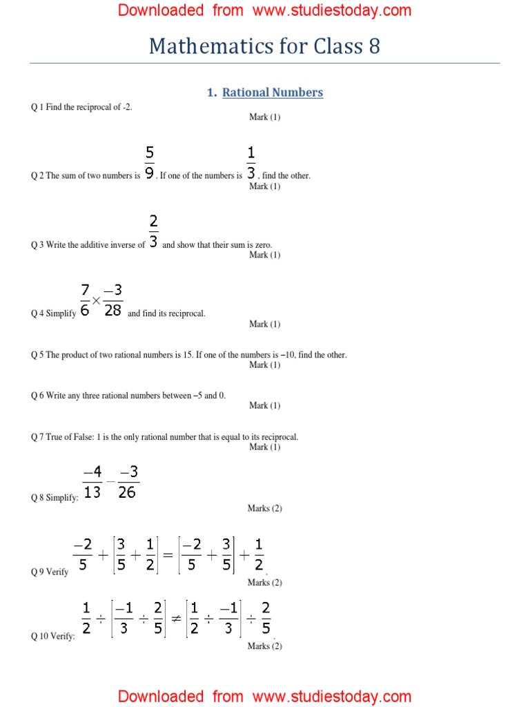 CBSE Class 8 Mathematics Worksheet Rational Numbers PDF