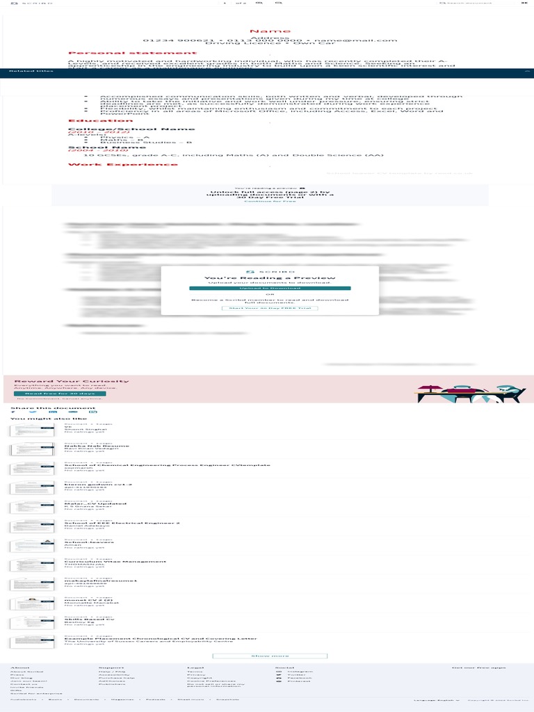School Leaver CV Template - PDF - Science - Cognition | PDF | Scribd ...