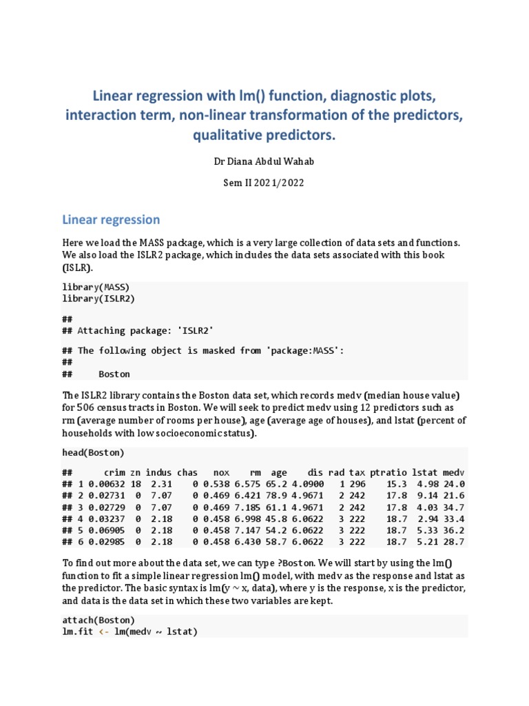 Linear Regression With LM Function, Diagnostic Plots, Interaction Term ...