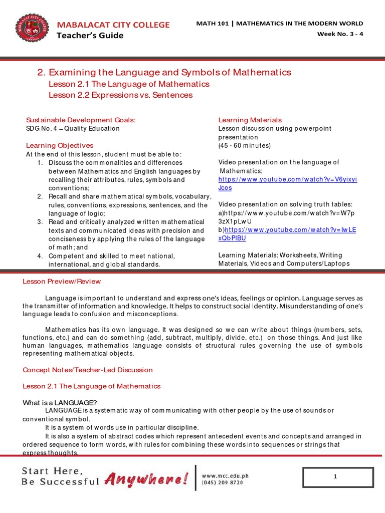 MATH 101-WEEK 3 - 4-STUDENT HANDOUT-The Language of Mathematics | PDF ...