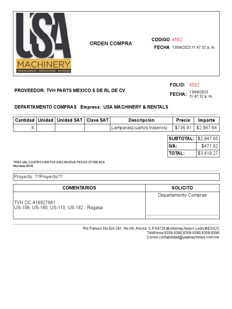 Orden de Compra USA Machinery 4562 | PDF