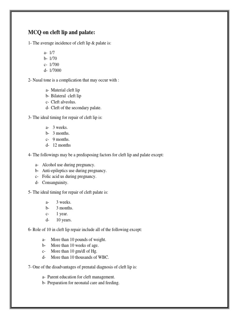 Cleft Lip and Palate MCQs and Complications | PDF | Animal Diseases ...