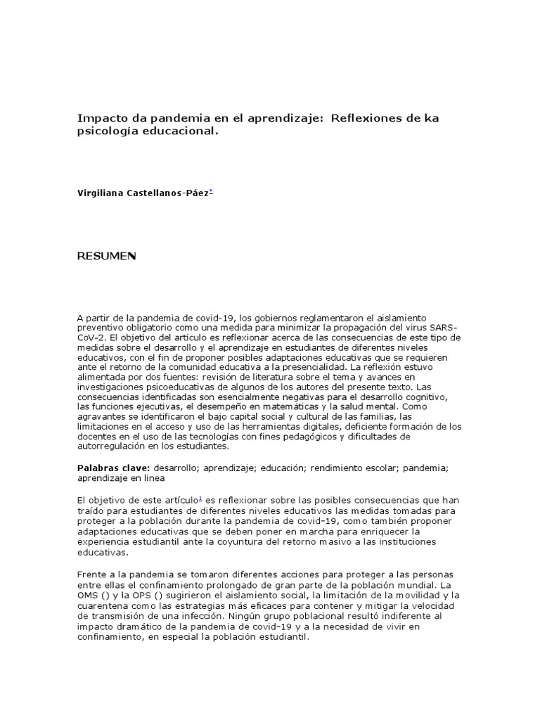 Impacto Da Pandemia en El Aprendizaje | PDF | Enseñando | Ansiedad