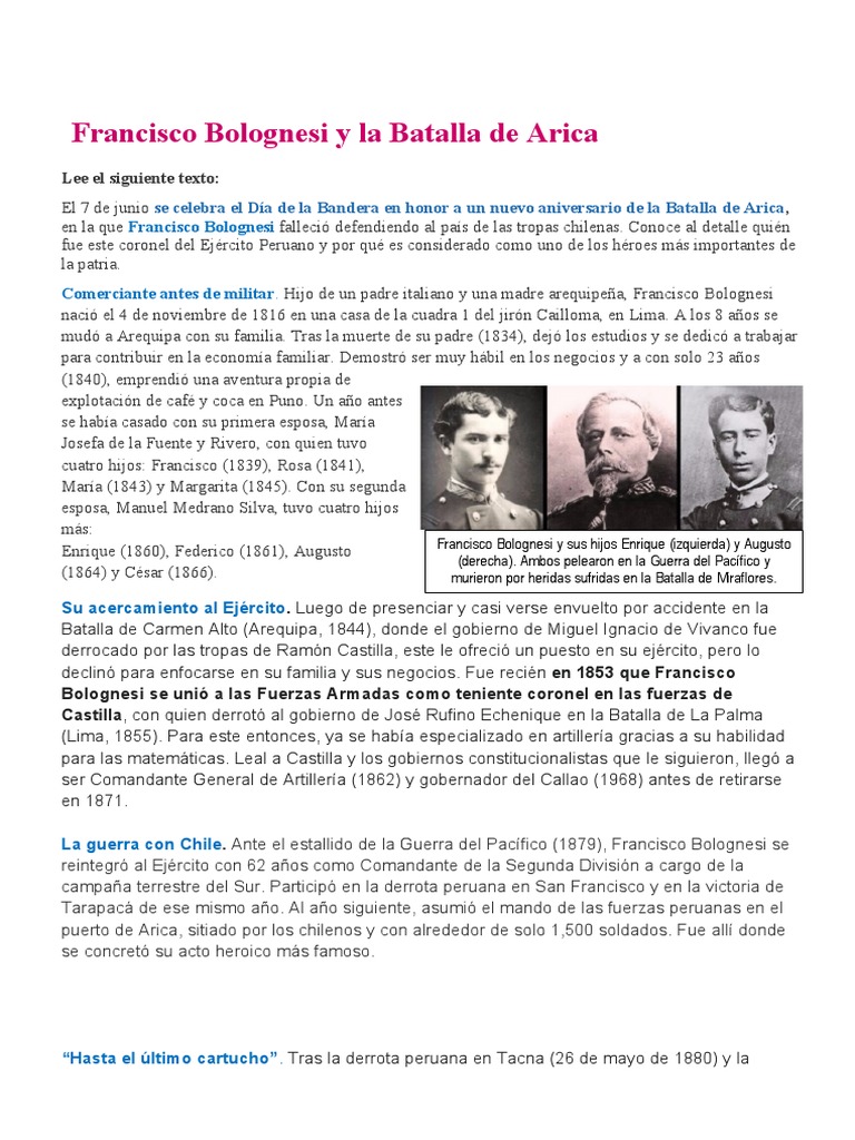 Ficha La Batalla de Arica y Su Héroe Francisco Bolognesi | Descargar