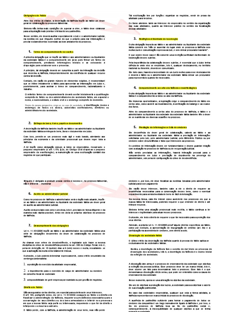 Obrigações e Direitos do Falido na Falência | PDF | Falência ...
