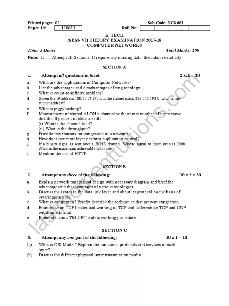 Time 3 Hours Total Marks 100 Printed Pages 02 Sub Code NCS 601