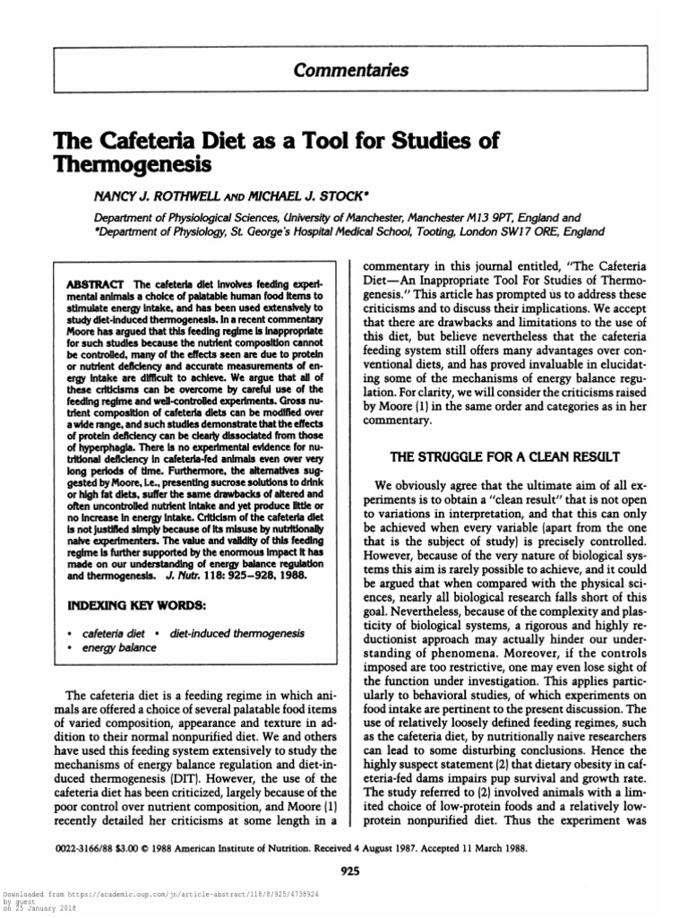 The Cafeteria Diet As A Tool For Studies of Thermogenesis PDF