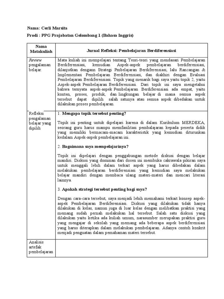 Jurnal refleksi pembelajaran berdiferensiasi pdf