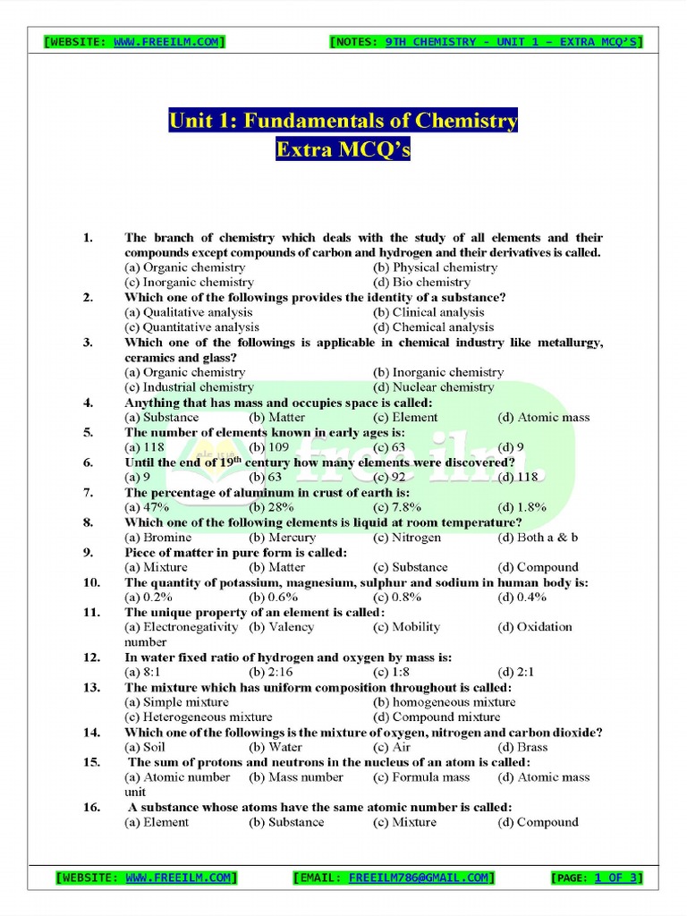 9th Chemistry Ch1 MCQ's | PDF